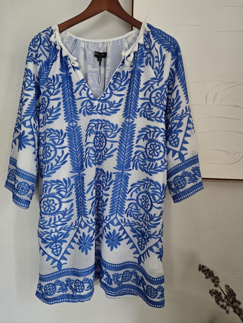 White Tunic Dress with Blue Embroidered Floral Pattern